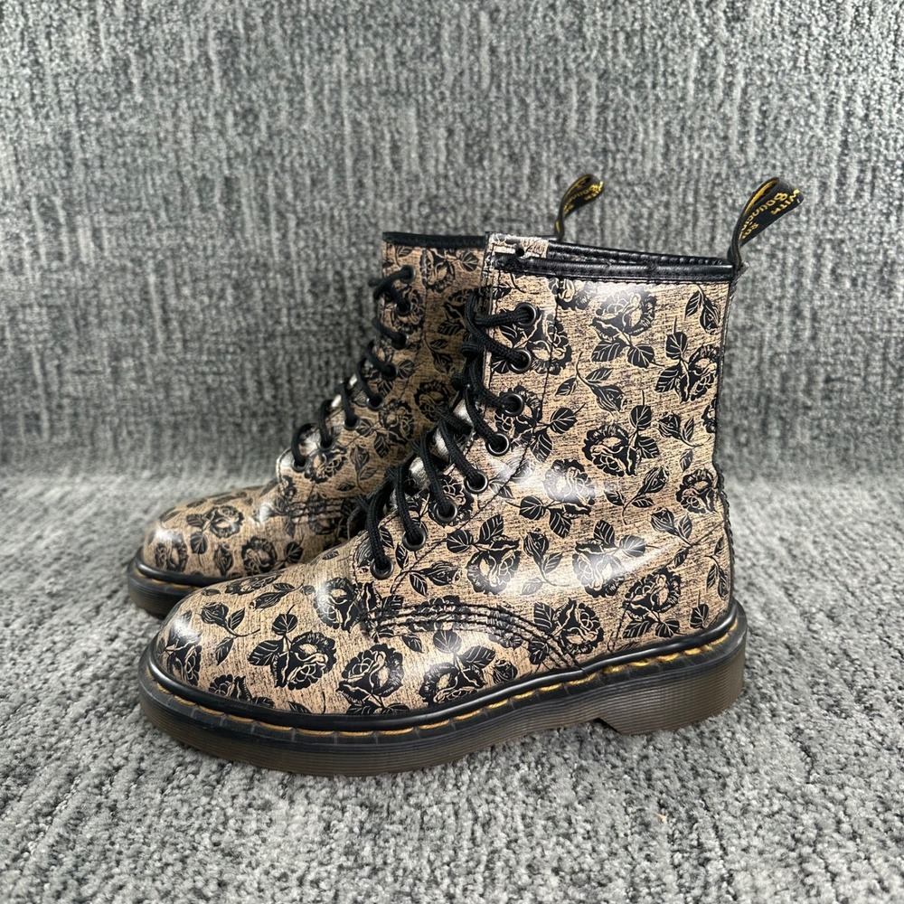 Dr Martens 1460 Boots Womens 6 Rose Floral Tan Black Leather Made in England VTG - Picture 3 of 8